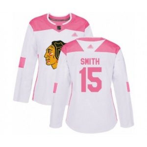 Women\'s Chicago Blackhawks #15 Zack Smith Authentic White Pink Fashion Hockey Jersey