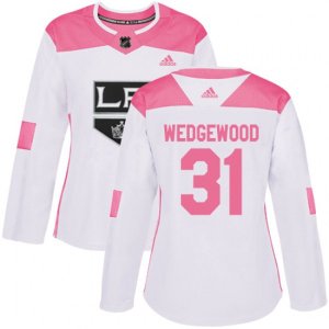 Women\'s Los Angeles Kings #31 Scott Wedgewood Authentic White Pink Fashion NHL Jersey