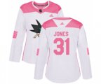 Women Adidas San Jose Sharks #31 Martin Jones Authentic White Pink Fashion NHL Jersey