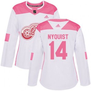Women\'s Detroit Red Wings #14 Gustav Nyquist Authentic White Pink Fashion NHL Jersey