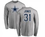 Dallas Cowboys #31 Byron Jones Ash Name & Number Logo Long Sleeve T-Shirt