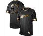 Milwaukee Brewers #24 Jesus Aguilar Authentic Black Gold Fashion Baseball Jersey