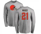 Cleveland Browns #21 Denzel Ward Ash Name & Number Logo Long Sleeve T-Shirt