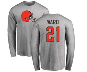 Cleveland Browns #21 Denzel Ward Ash Name & Number Logo Long Sleeve T-Shirt