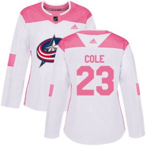 Women\'s Columbus Blue Jackets #23 Ian Cole Authentic White Pink Fashion NHL Jersey