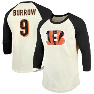 Cincinnati Bengals #9 Joe Burrow Majestic Threads Cream Black Vintage Inspired 3 4 Sleeve Name & Number T-Shirt